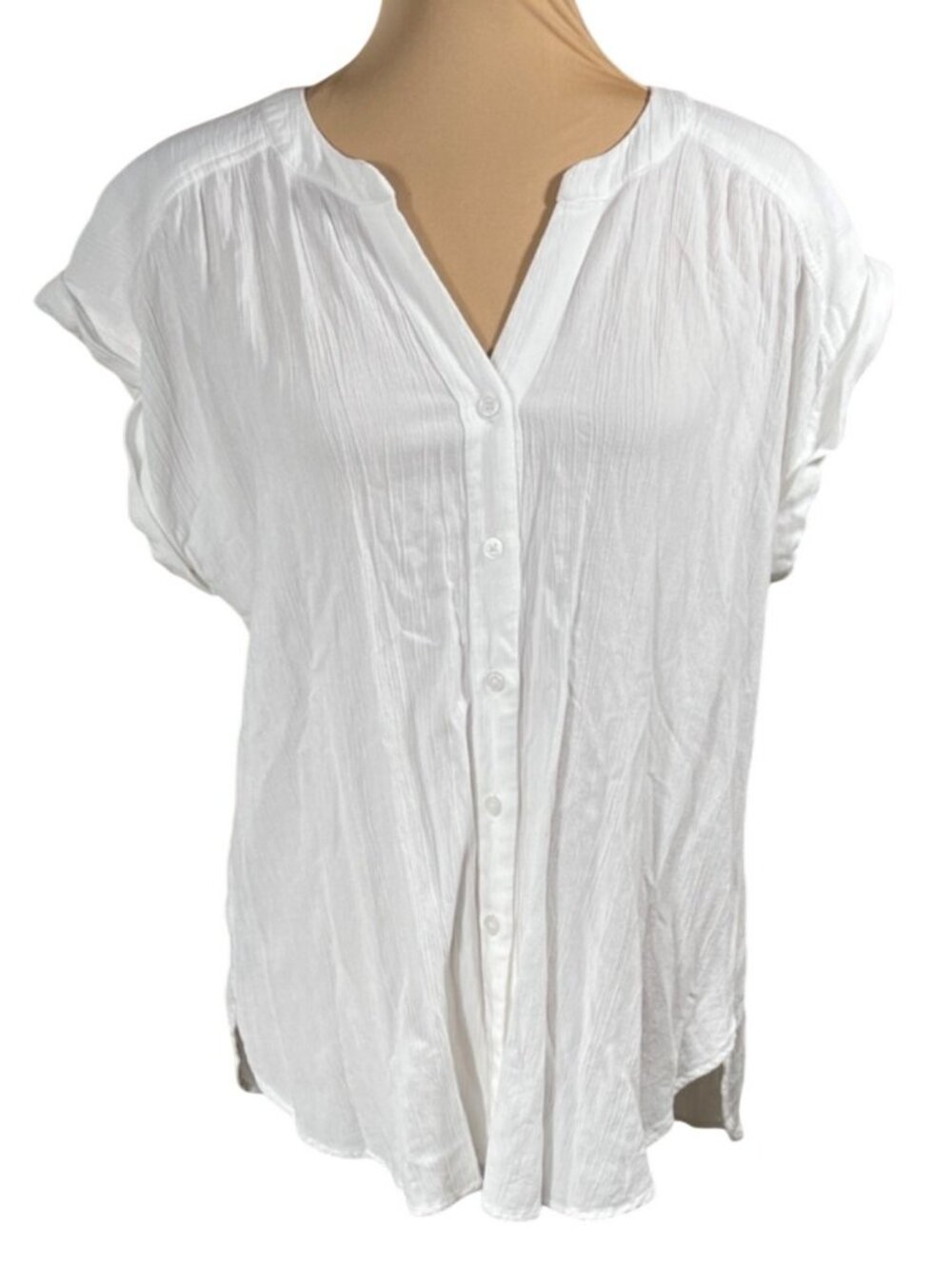 Loft Summer Top Size M Medium White Crinkle Button Front Rolled Cap Sleeve